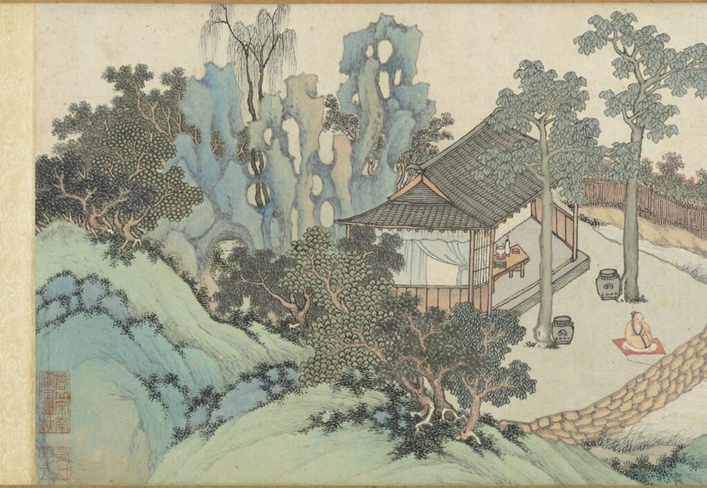 钓月亭图卷. 传明. 沈周绘. 纸本设色（29.4×91.3 厘米）